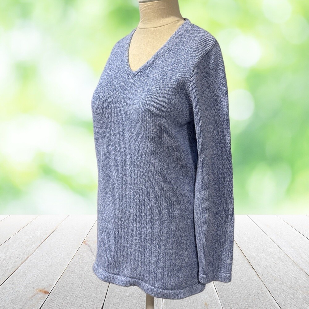 LL BEAN Cotton Ragg Sweater Tunic V Neck Stockinette Heather Blue Coastal Size L
